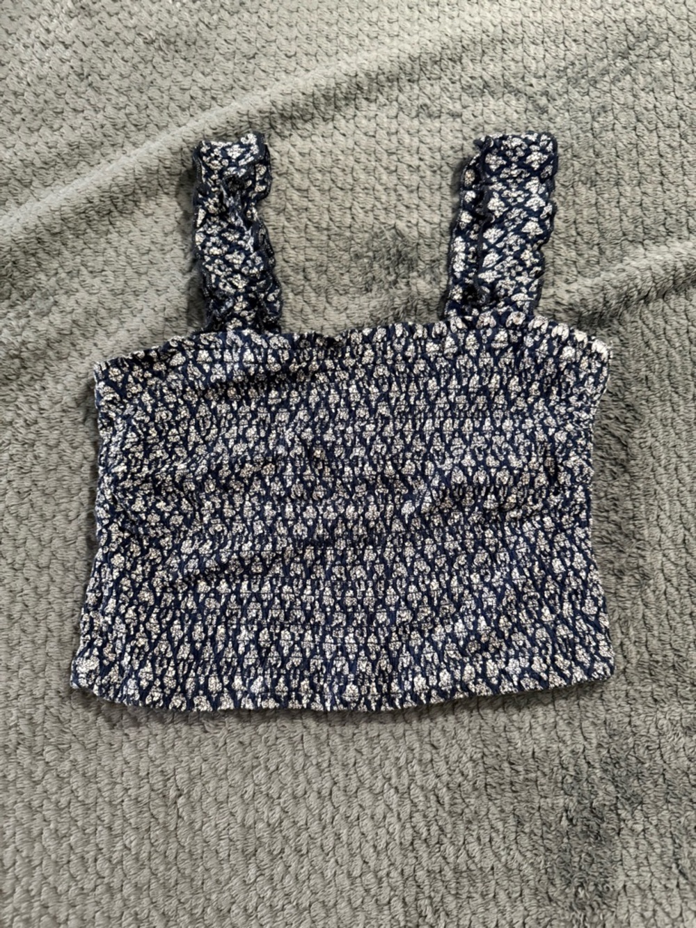 Hollister Navy and White Smocked Floral Crop Top